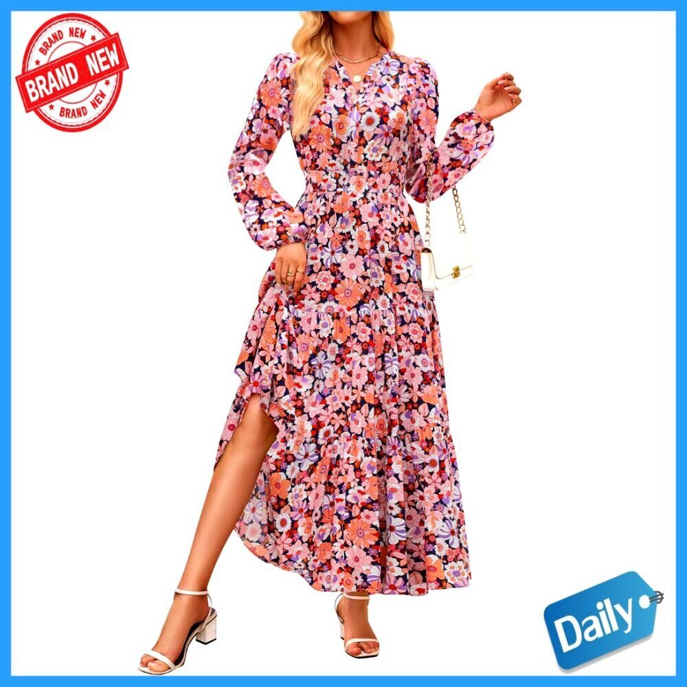 Long Sleeve Boho Floral V Neck Maxi Dress Empire Waist A Line Casual